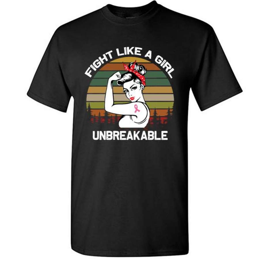 Fight Like A Girl Unbreakable, Strong Girl Breast Cancer Awareness, Retro VIntage Design – Gildan Short Sleeve Shirt