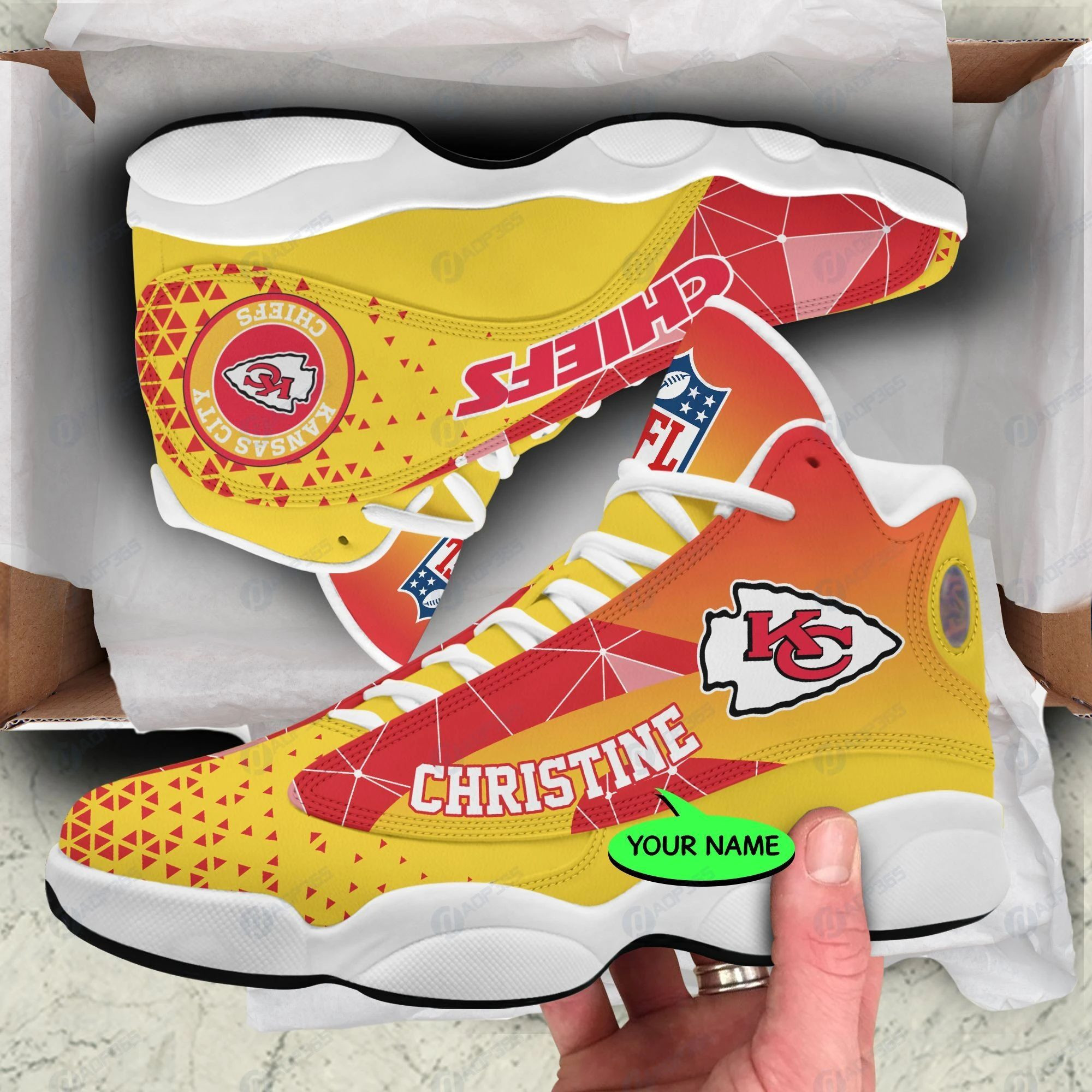 Personalized Kansas City Chiefs Triangle Pink Yellow Air Jordan 13 Printing Shoes Sneaker