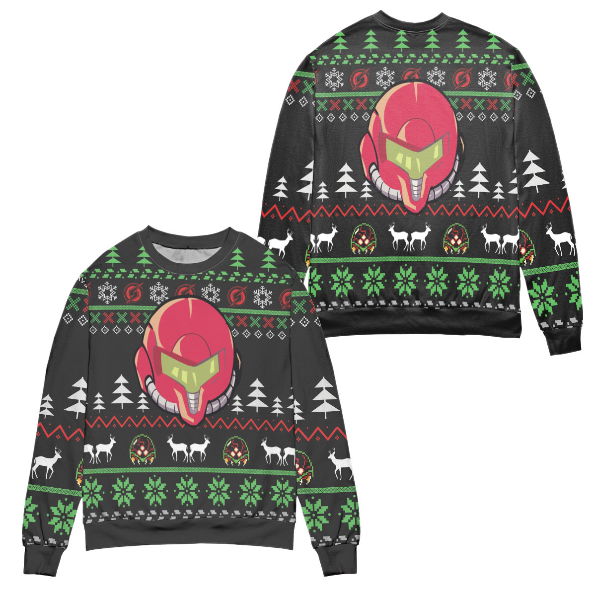 Samus Aran Helmet Pine Tree Pattern Ugly Christmas Sweater – All Over Print 3D Sweater – Black