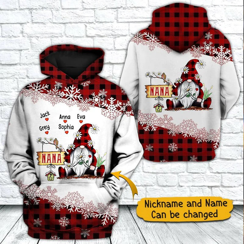 Personalized Grandma Gnome Grandkids Hearts Red Caro Hoodie 3D Christmas Hoodie For Mom Gigi Nana