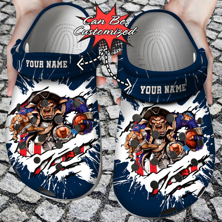 Football Crocs – Personalized New England Patriots Mascot Ripped Flag Clog Shoes