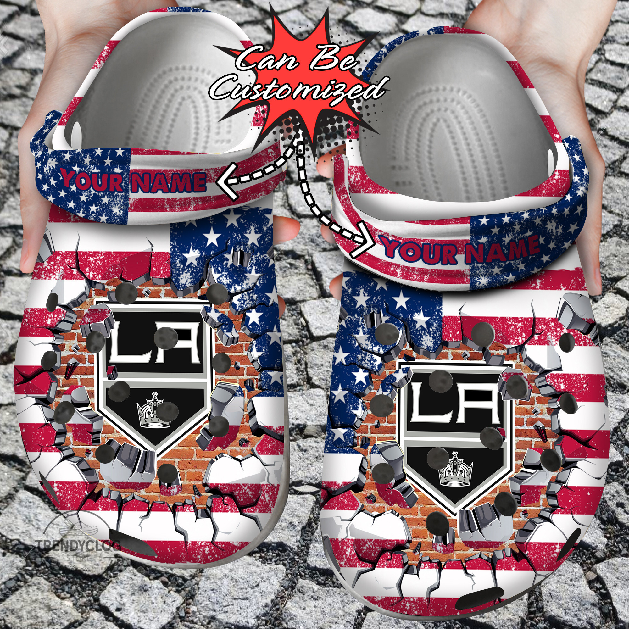 Hockey Crocs Personalized La Kings American Flag Breaking Wall Clog Shoes