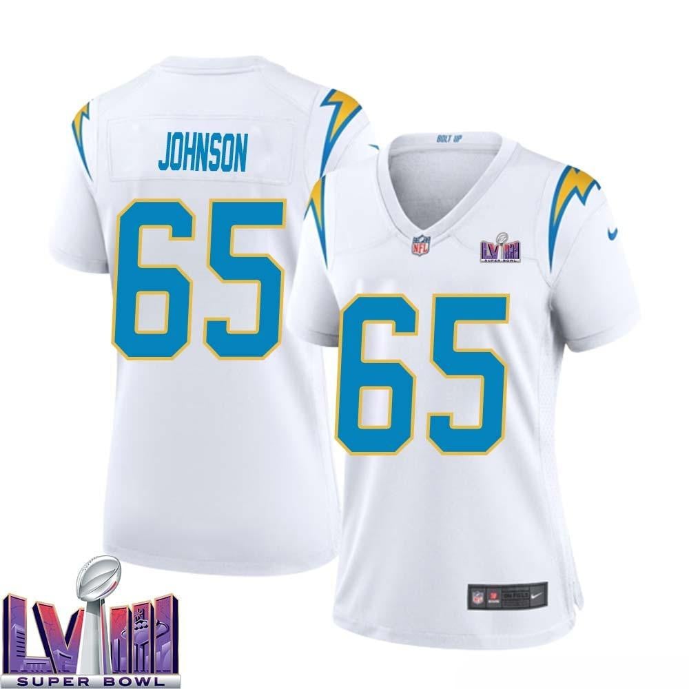 Zion Johnson 65 Los Angeles Chargers Super Bowl Lviii Women Away Game Jersey – White