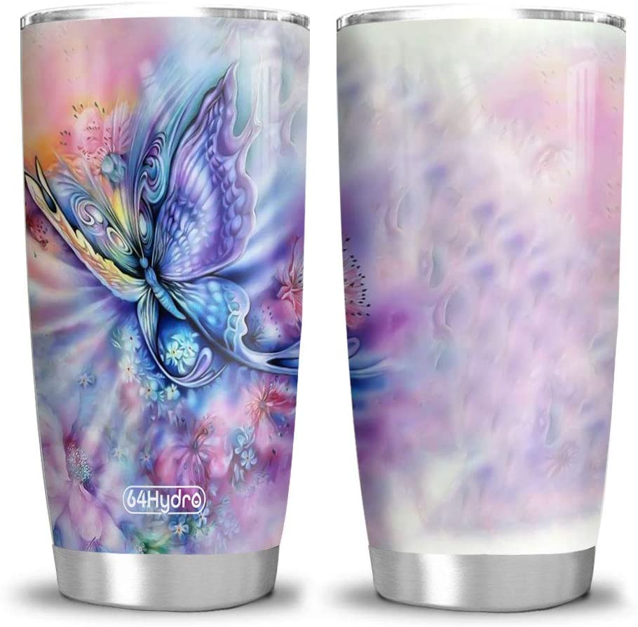 20Oz Rainbow Butterfly Tumbler Cup With Lid, Double Wall Vacuum Sporty Thermos Insulated Travel Coffee Mug