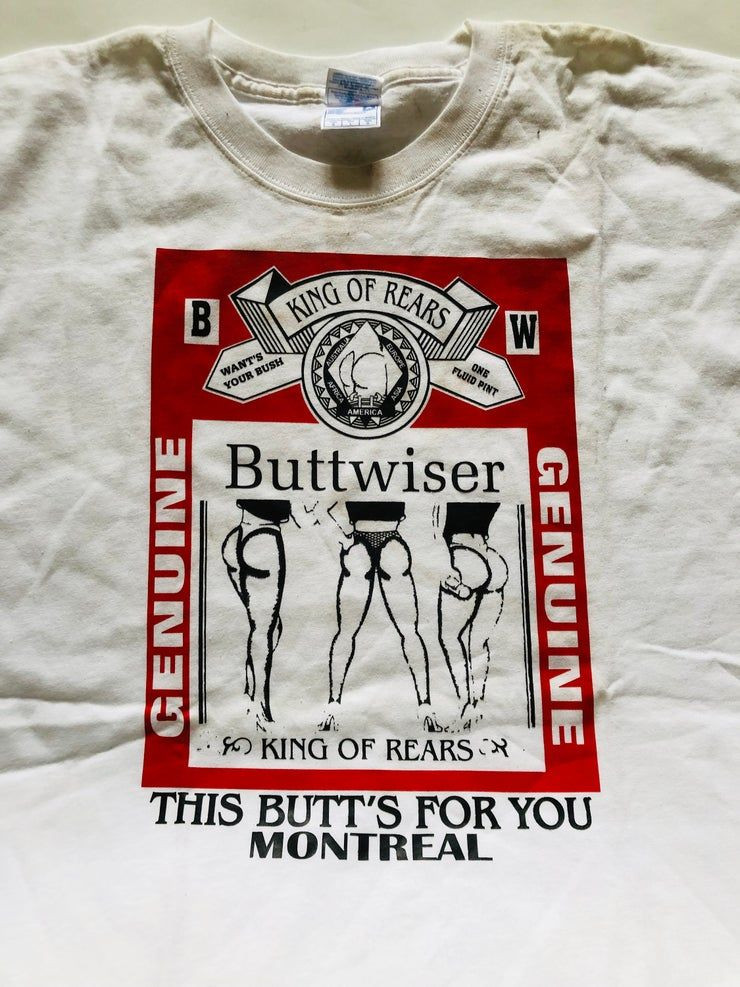 Vintage Budweiser Buttwiser Genuine Montreal Toronto Top Red Beer Canadian Shirt