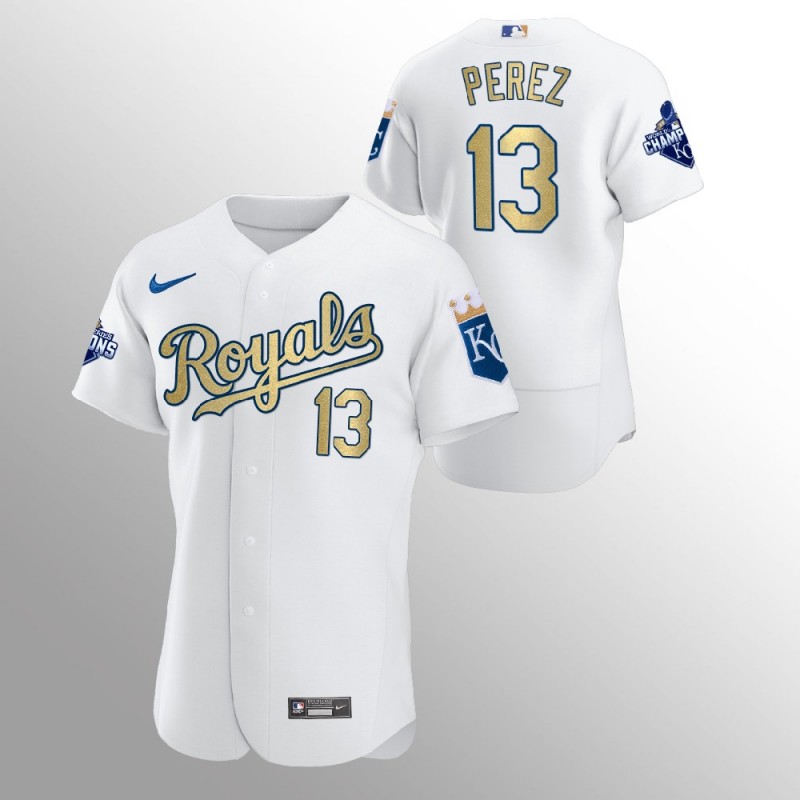 Kansas City Royals Salvador Perez White 2015 World Series Champions Nike Jersey – All Stitched, Embroidery