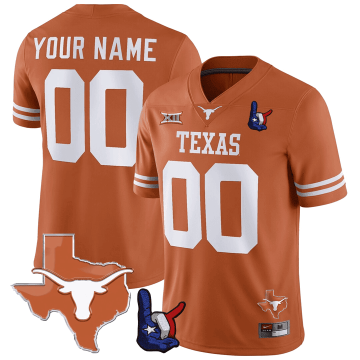 Texas Longhorns Throwing Up The H & Texas State Map Patch Custom Jersey – All Stitched