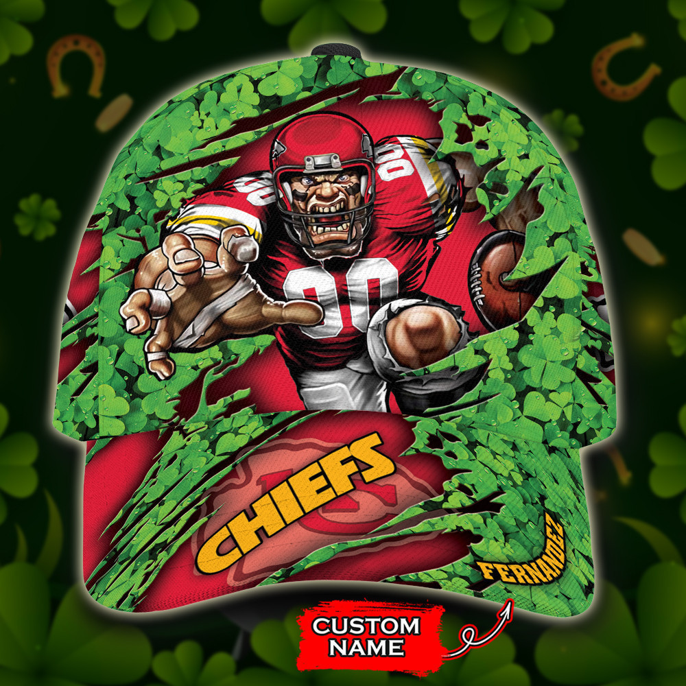 Personalized Kansas City Chiefs Mascot St Patrick Day All Over Print 3D Baseball Cap – Green Red