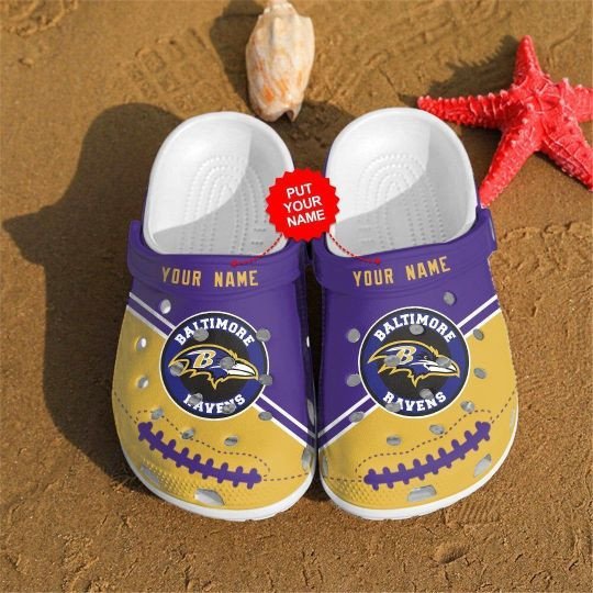 Baltimore Ravens Logo Custom Name Crocs Classic Clogs Shoes In Purple Yellow