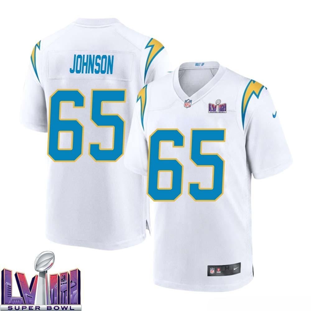 Zion Johnson 65 Los Angeles Chargers Super Bowl Lviii Men Away Game Jersey – White