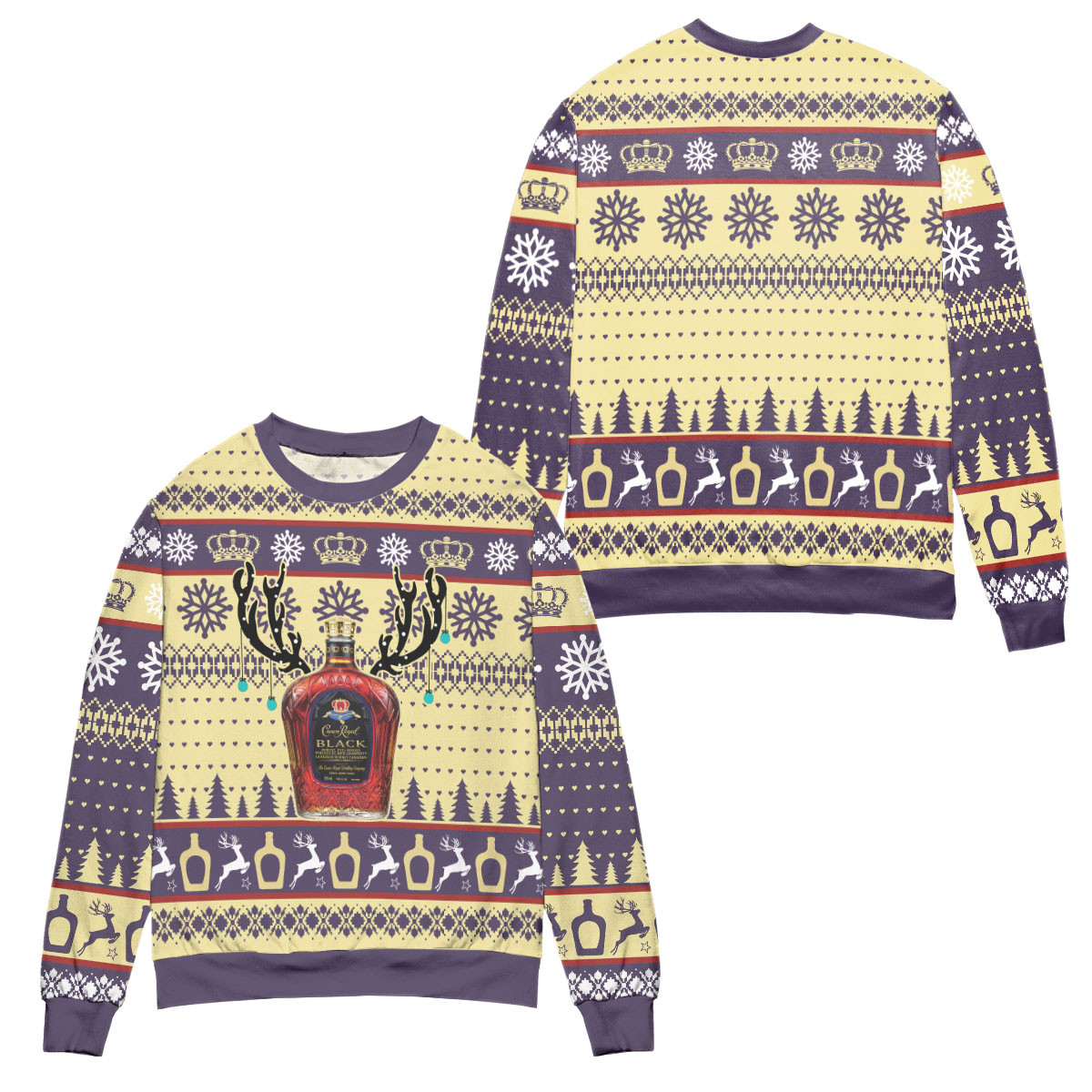 Crown Royal Black Reindeer & Snowflake Pattern Ugly Christmas Sweater – All Over Print 3D Sweater