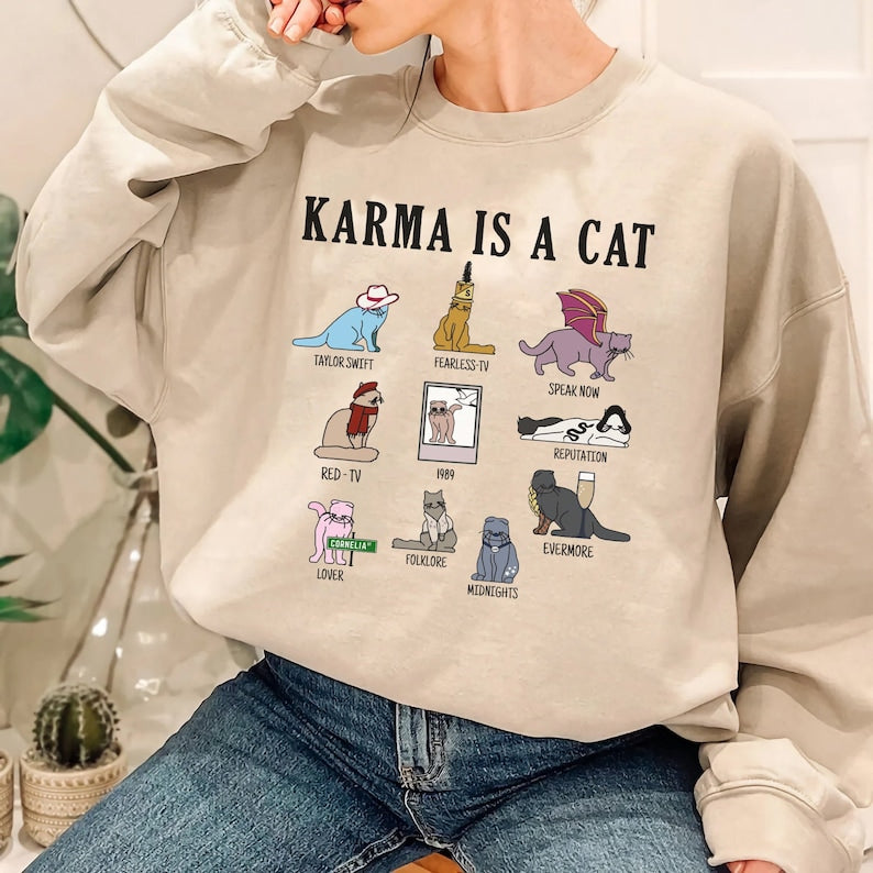 Karma Is A Cat Sweatshirt, The Eras Tour Shirt Cats, Midnights Taylor Tee, Cute Swift Cat Sweatshirt, Gift For Her