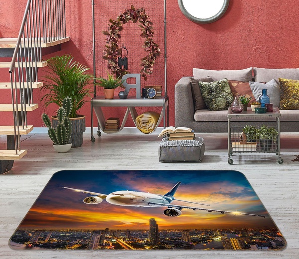 3D Aircraft Flying Over The City At The Sunset Area Rug Home Decor