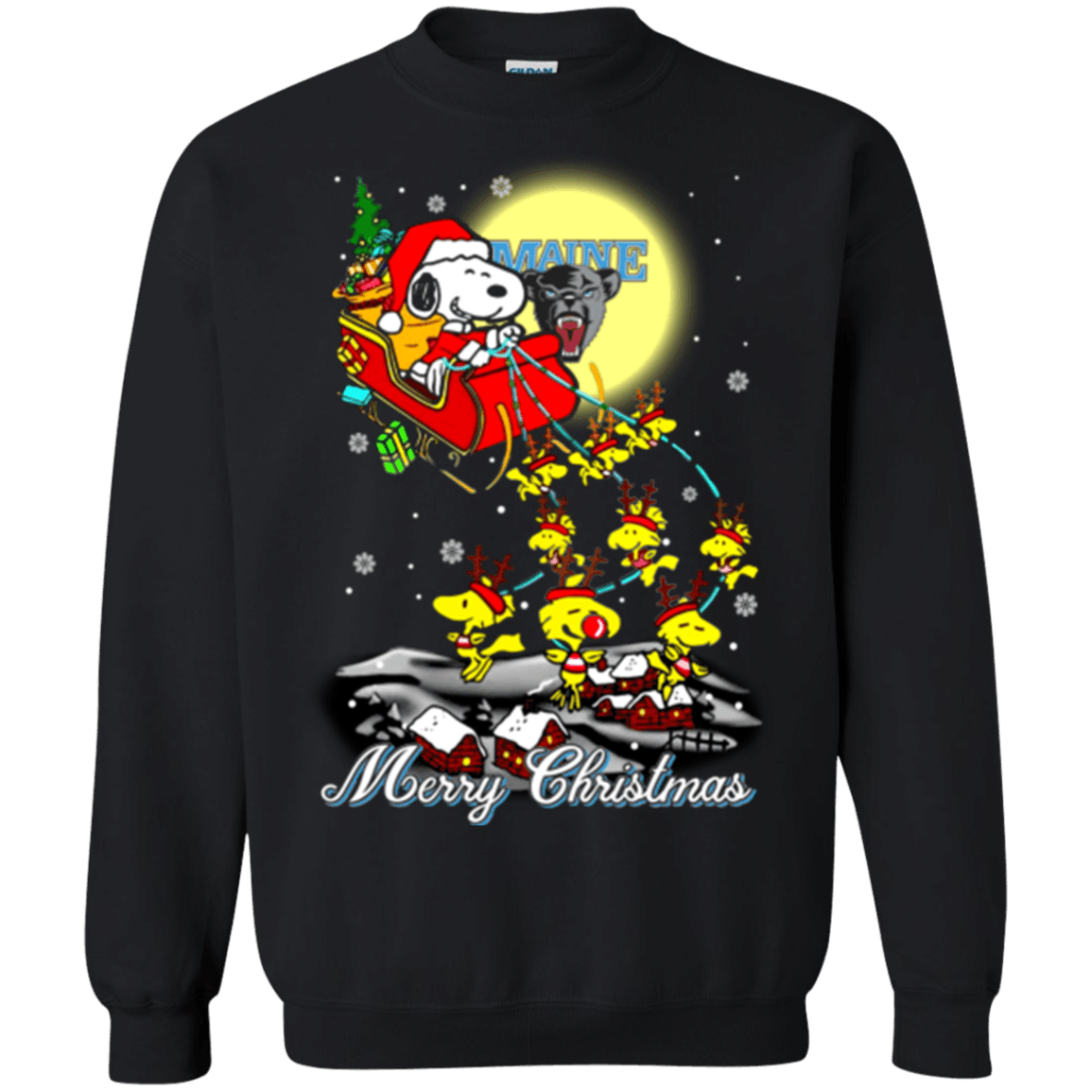 Amazing Maine Black Bears Snoopy Ugly Christmas Sweater 2023S Santa Claus With Sleigh Sweatshirts