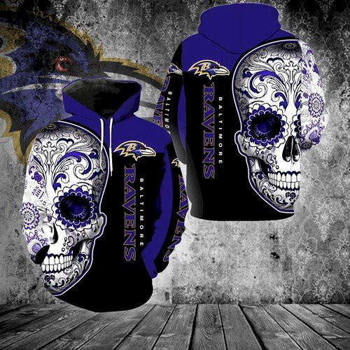 Baltimore Ravens Skull Full 34 Unisex 3D Hoodie Gift For Fans