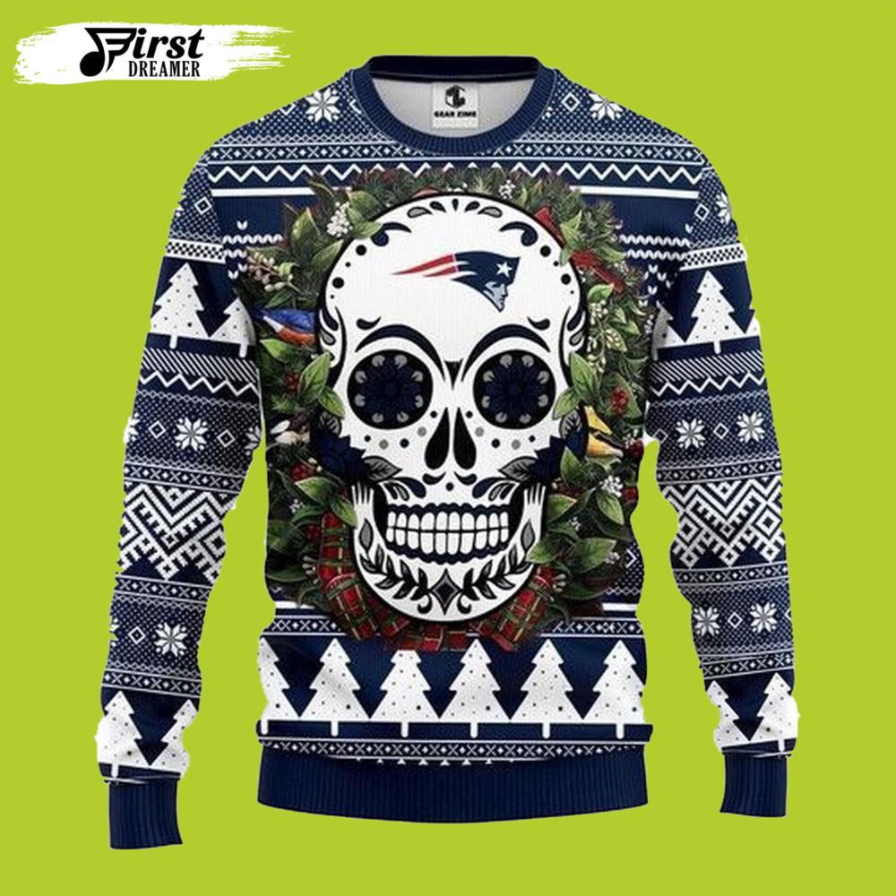 Skull Flower New England Patriots Gift For Fan Ugly Wool Sweater Christmas