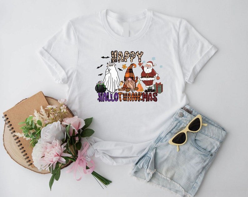 Happy Hallothanksmas T-Shirt, Halloween Gift For Women ,Christmas Shirt, Cute Halloween Tees, Colorful Halloween Shirt