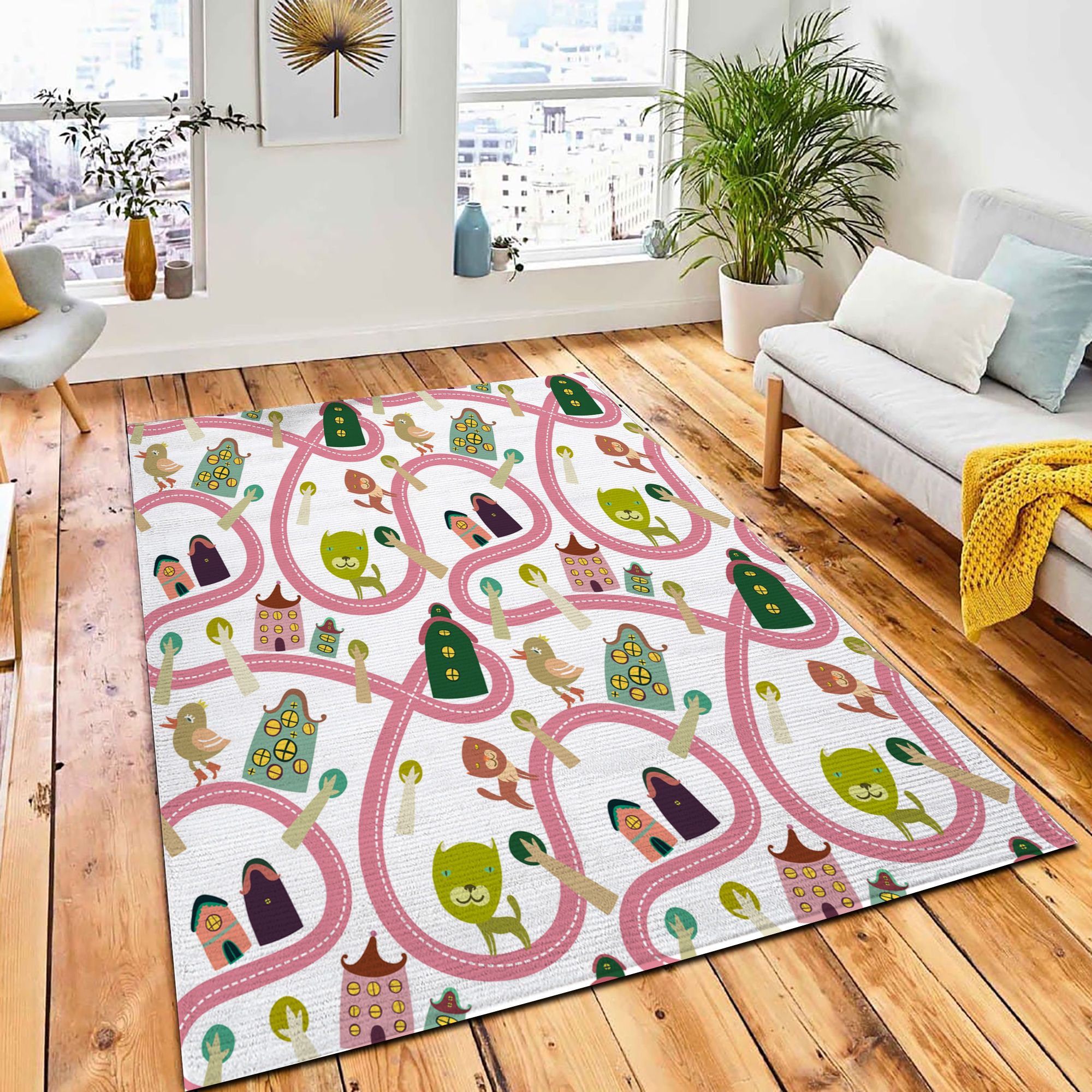 Road Seamless Pattern Houses Animals Area Rug Carpet Kid Play Rug Home Decor