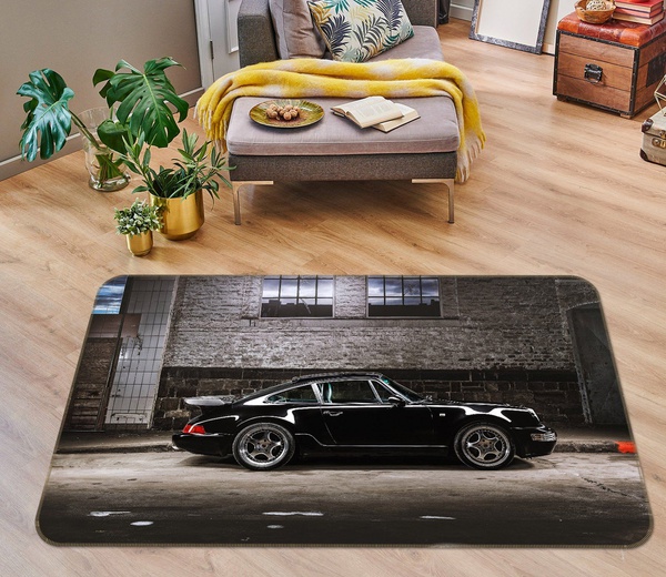 3D Black Car In Garage Area Rug Home Decor