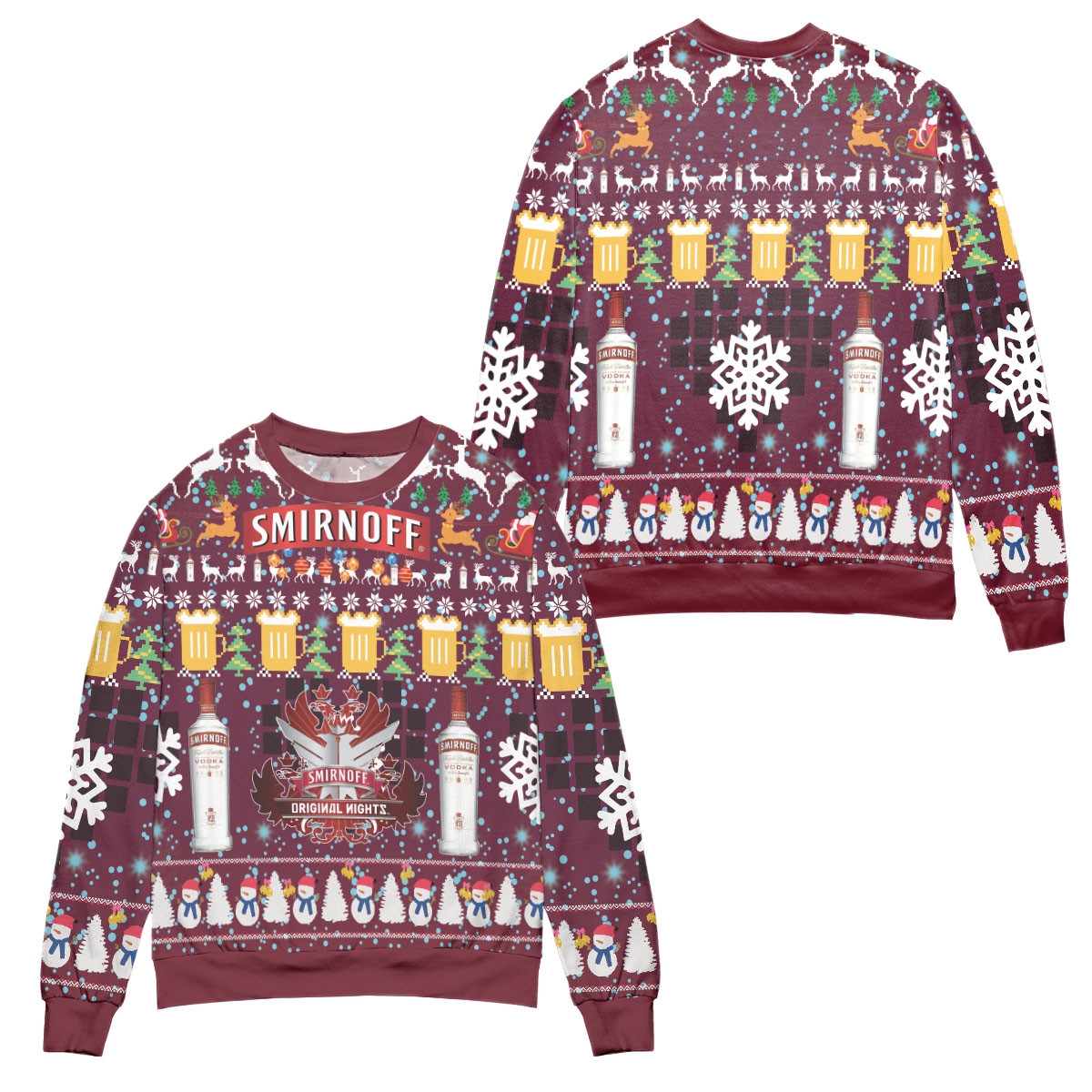 Smirnoff Vodka Snowman & Pine Tree Pattern Ugly Christmas Sweater – All Over Print 3D Sweater