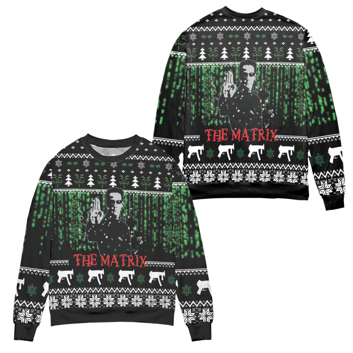 The Matrix Snowflake Pine Tree Pattern Ugly Christmas Sweater – All Over Print 3D Sweater – Black