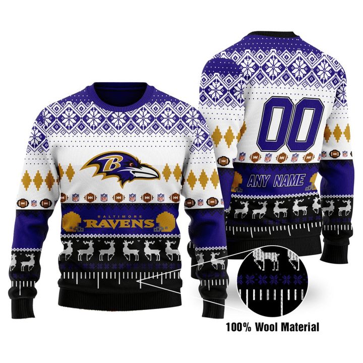 Baltimore Ravens Custom Name Number Purple White Gift For Fan Ugly Wool Sweater Christmas