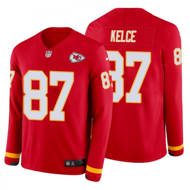 Travis Kelce #87 Kansas City Chiefs Therma Long Sleeve Red Jersey – All Stitched, Embroidery