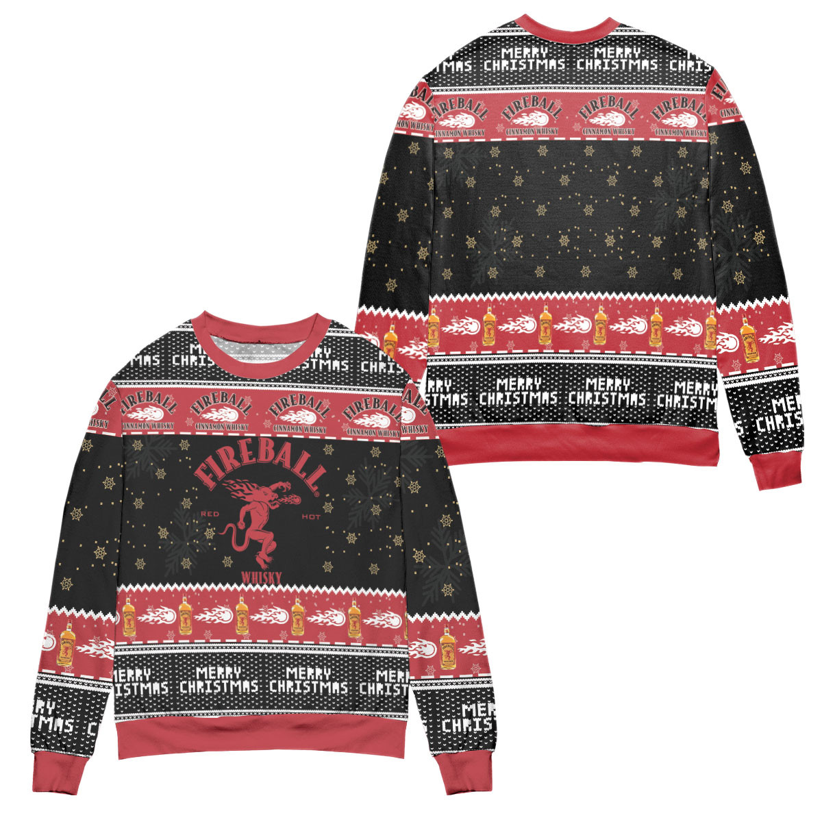 Fireball Red Hot Whisky Snowflake Ugly Christmas Sweater – All Over Print 3D Sweater – Black Red