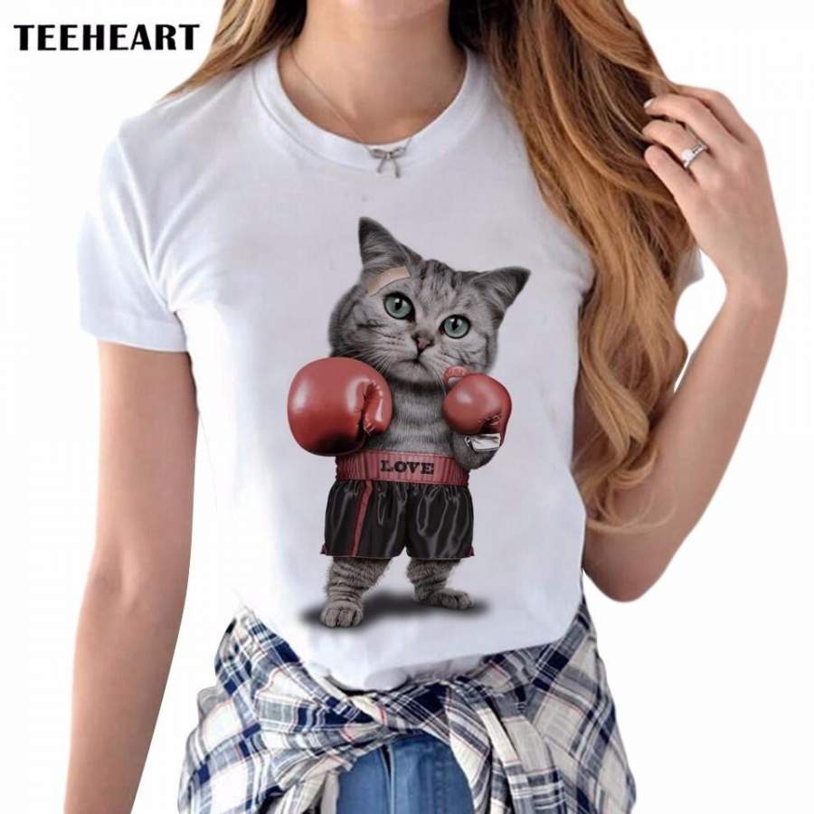 2017 Summer  Fight Cat Design T Shirt Women Cool Animal  Printing Originality O-Neck Short Sleeve T-shirt Tops Shirt