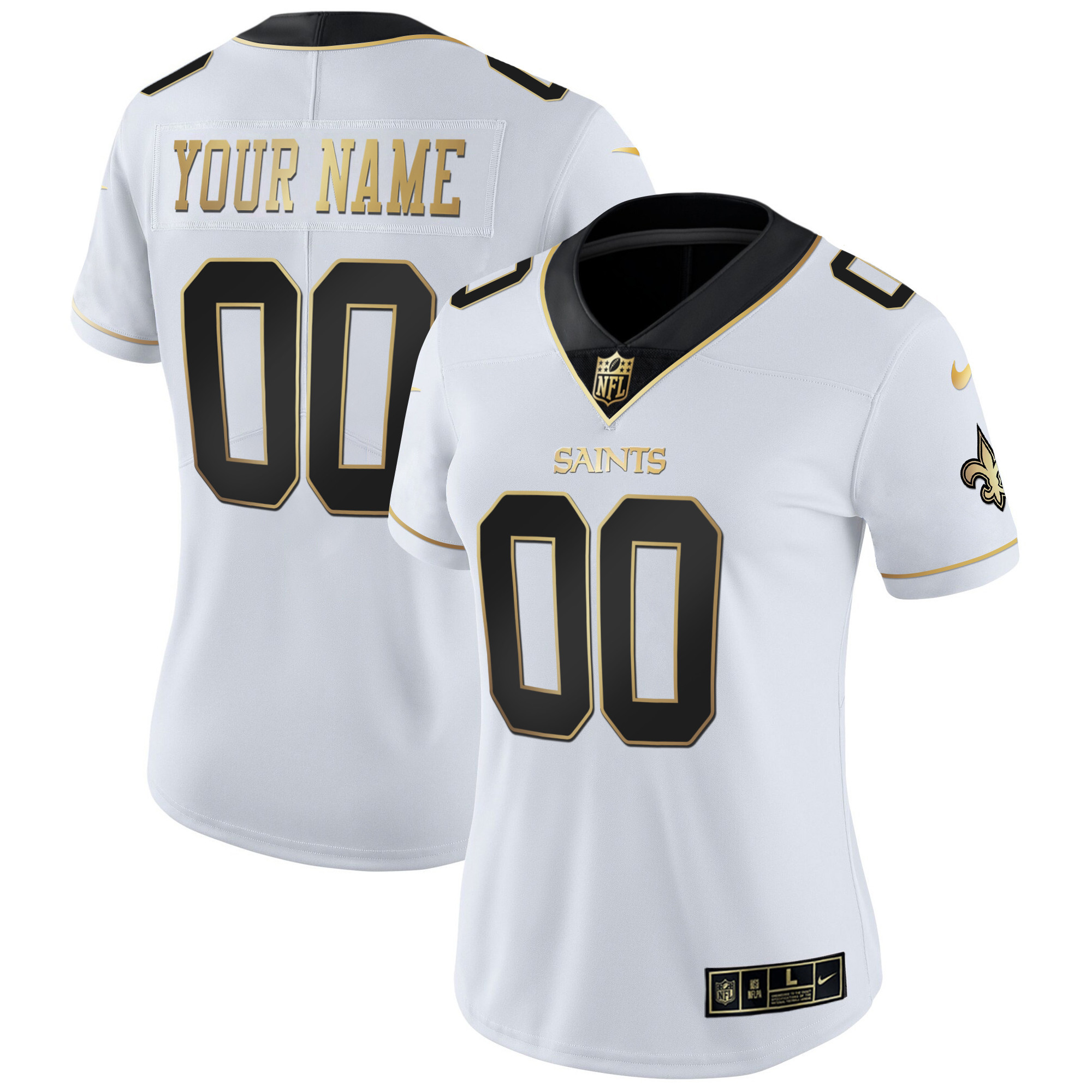 Women’S New Orleans Saints Custom White Gold Jersey – All Stitched