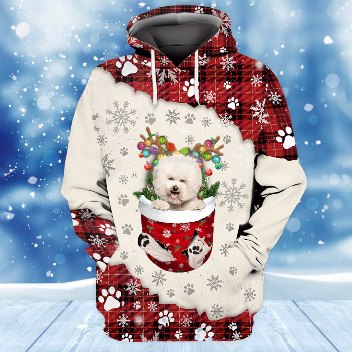 Cream Bichon Frise In Snow Pocket Merry Christmas Unisex Hoodie