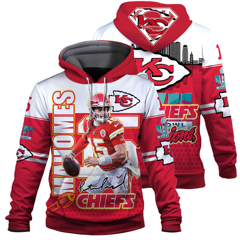 Patrick Mahomes Kansas City Chiefs Super Bowl Champions Print 3D Red White Hoodie