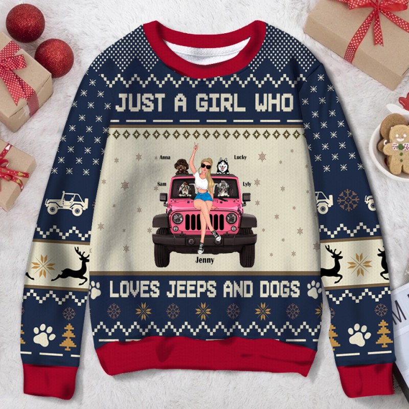 Just A Girl Who Loves Jeeps And Dogs Personalized Ugly Christmas Sweater, Gift For Off-Road Car/ Jeep Lover/ Jeep Girl