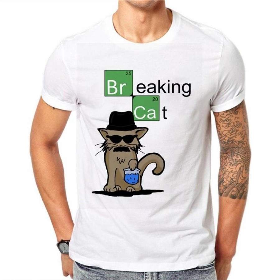 Cotton Cool Animal T Shirt Summer Men Short Sleeve Cute Lovely Breaking Cat Print Slim Fit T-Shirts Tees