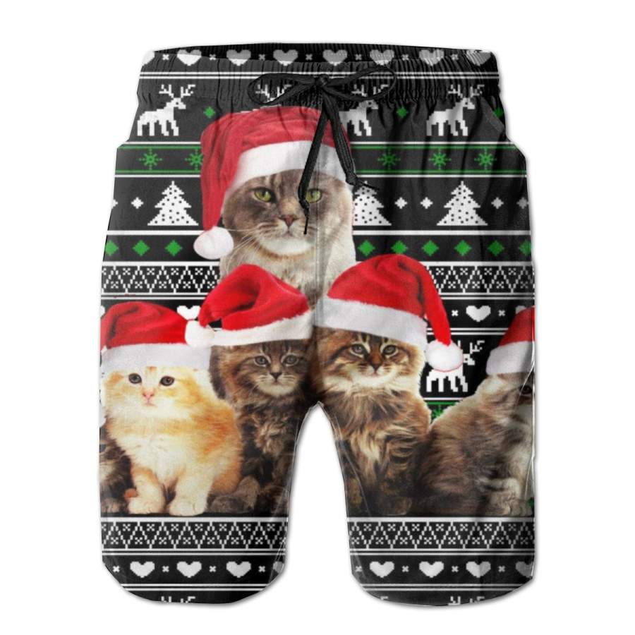 2 Pack Family Of Kittens Ugly Christmas Sweater 2023 Poster Men Swim Trunks Drawstring Elastic Waist Quick Dry Beach Shorts With Mesh Lining Swimwear Bathing Suits