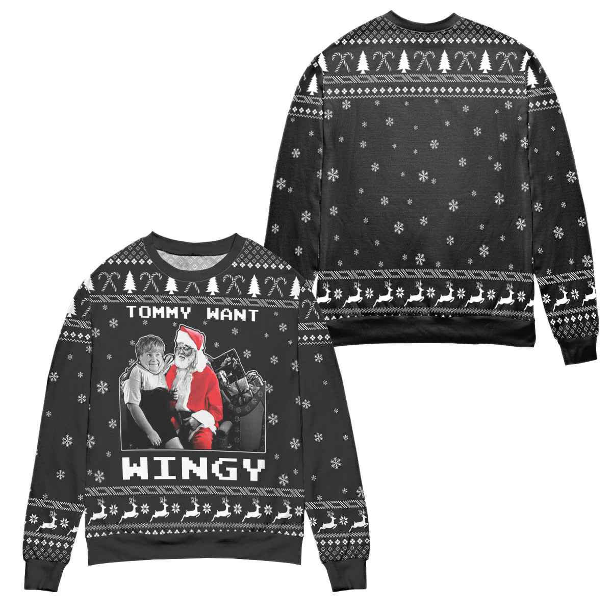 Dear Santa Tommy Want Wingy Snowflake Pattern Ugly Christmas Sweater – All Over Print 3D Sweater – Black