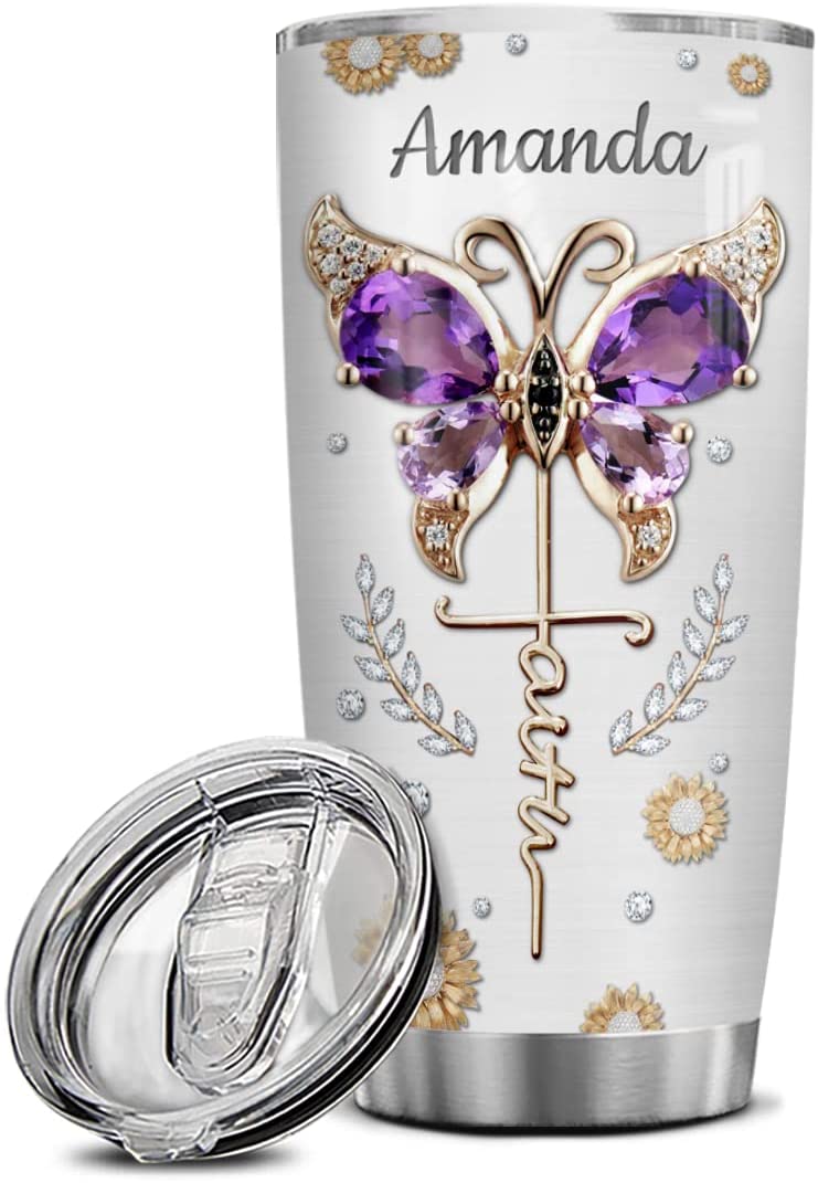 Personalized Butterfly Tumbler Cup With Lid 20Oz 30Oz Jewelry Style Stainless Steel Double Wall Vacuum Insulated Tumblers Coffee Travel Mug Birthday Christmas Christian Religious Gifts