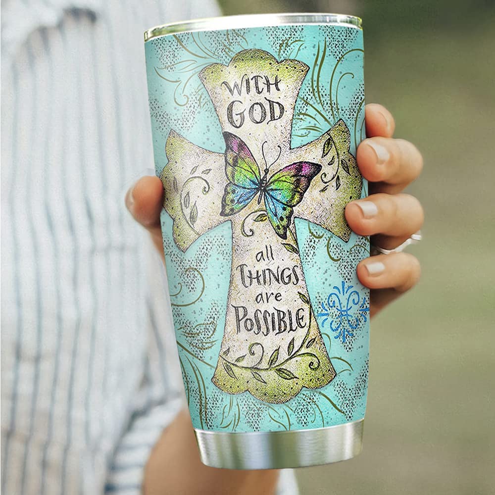 20Oz Bible Faith All Thing With God, Jesus Faith, Jesus Inspiration Tumbler Cup With Lid, Double Wall Vacuum Thermos Insulated Travel Coffee Mug