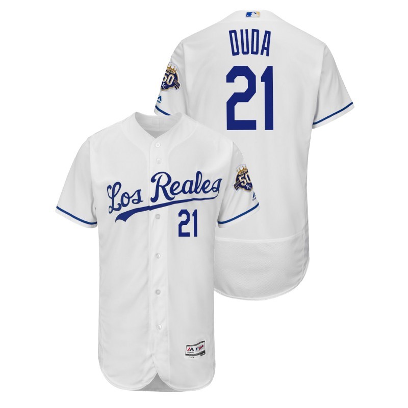 Men’S Kansas City Royals White Home Flex Base #21 Lucas Duda 50Th Anniversary Jersey – All Stitched, Embroidery