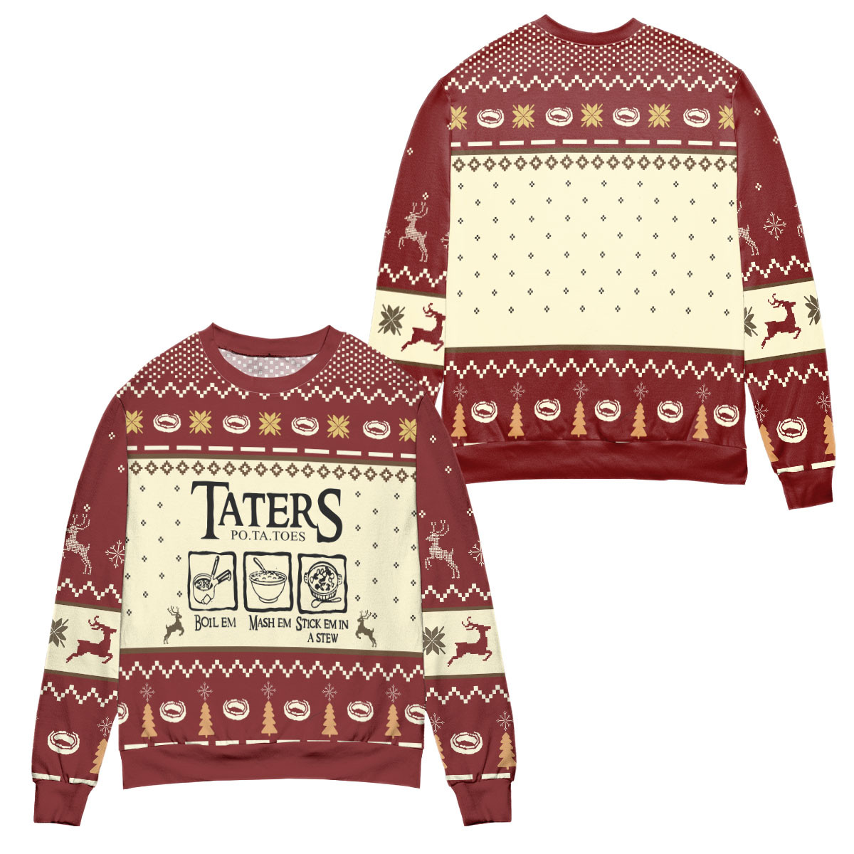 Lord Of The Rings Taters Potatoes Recipe Pine Tree & Reindeer Pattern Ugly Christmas Sweater – All Over Print 3D Sweater – Red