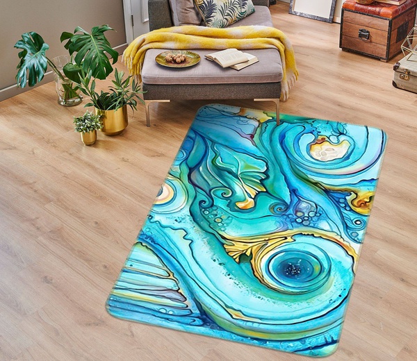 3D Blue And Golden Texture Area Rug Home Decor