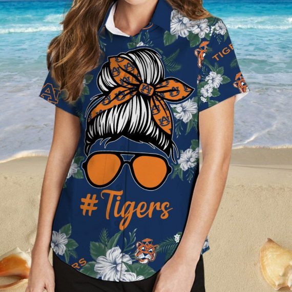 Gift Ideas 	Auburn Tigers Girl Messy Bun Short Sleeve Button Up Tropical Aloha Hawaiian Shirts For Men Women