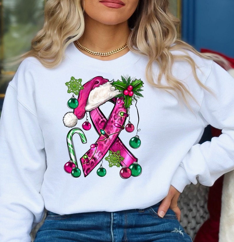 Pink Christmas Breast Cancer Ribbon Sweatshirt, Christmas Sweatshirt, Cancer Awareness, Pink Ribbon Sweatshirt