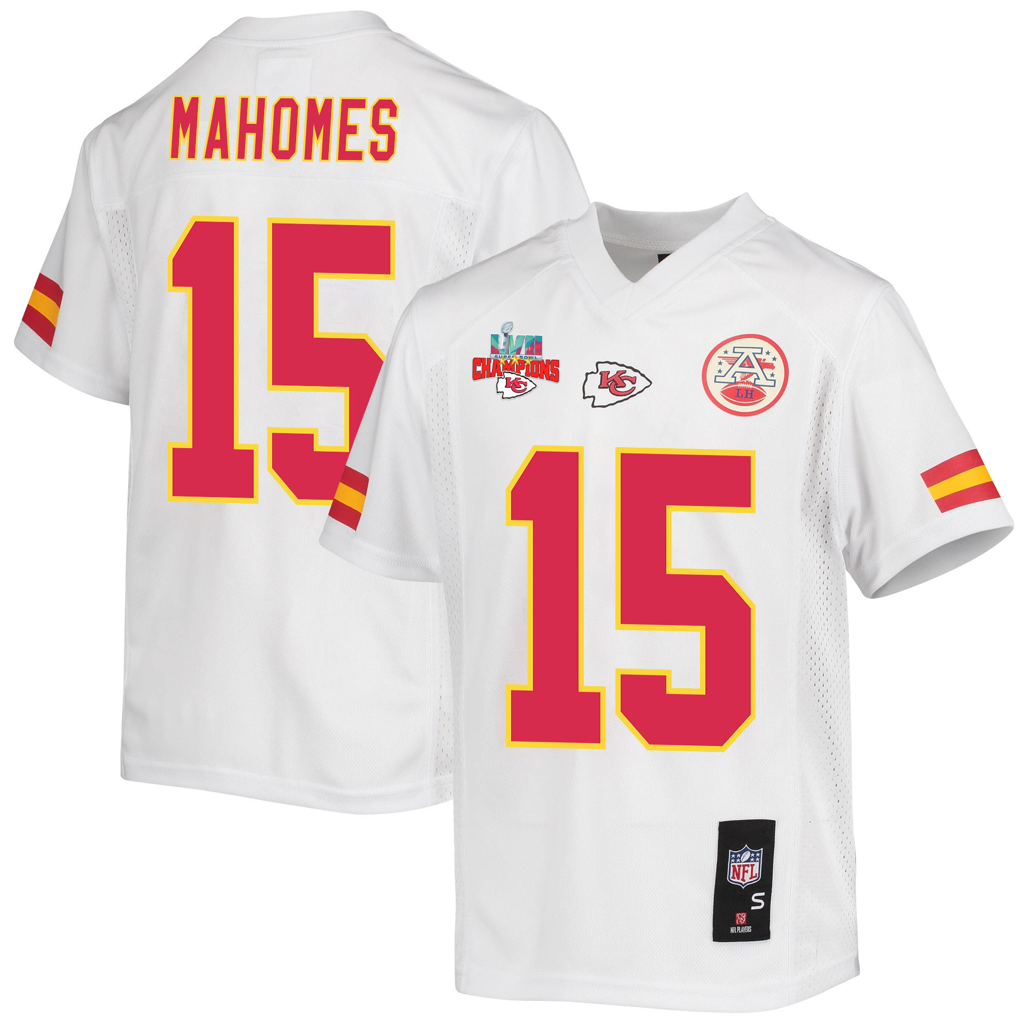 Patrick Mahomes 15 Kansas City Chiefs Super Bowl Lvii Champions 3 Stars Youth Game Jersey – White