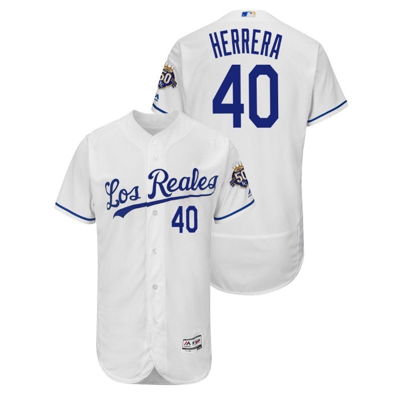 Men’S Kansas City Royals White Home Flex Base #40 Kelvin Herrera 50Th Anniversary Jersey – All Stitched, Embroidery