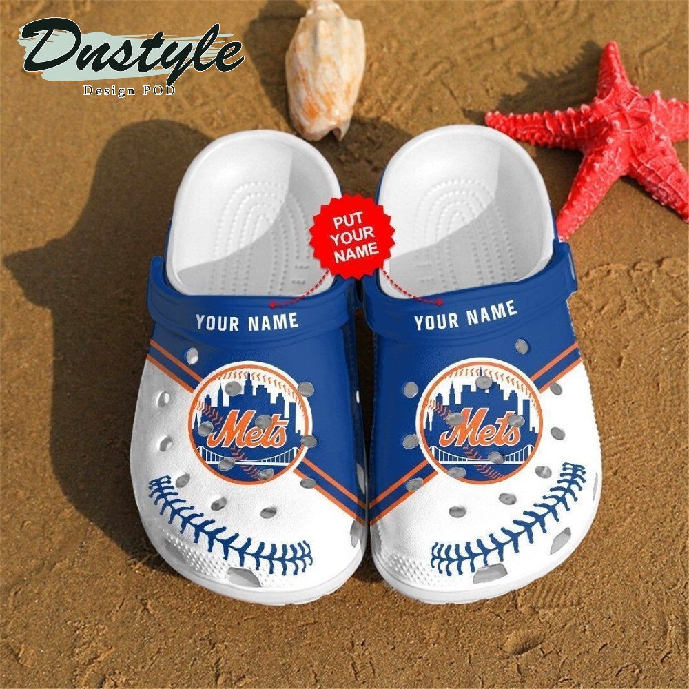 New York Mets Custom Name Pattern Crocs Classic Clogs Shoes In Blue & White