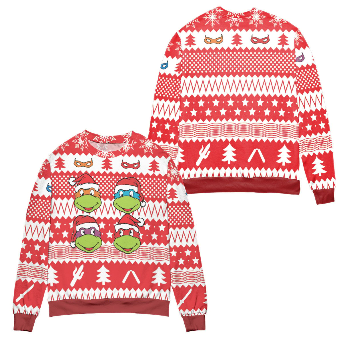 Teenage Mutant Ninja Turtles Pine Tree And Stars Ugly Christmas Sweater – All Over Print 3D Sweater – Red