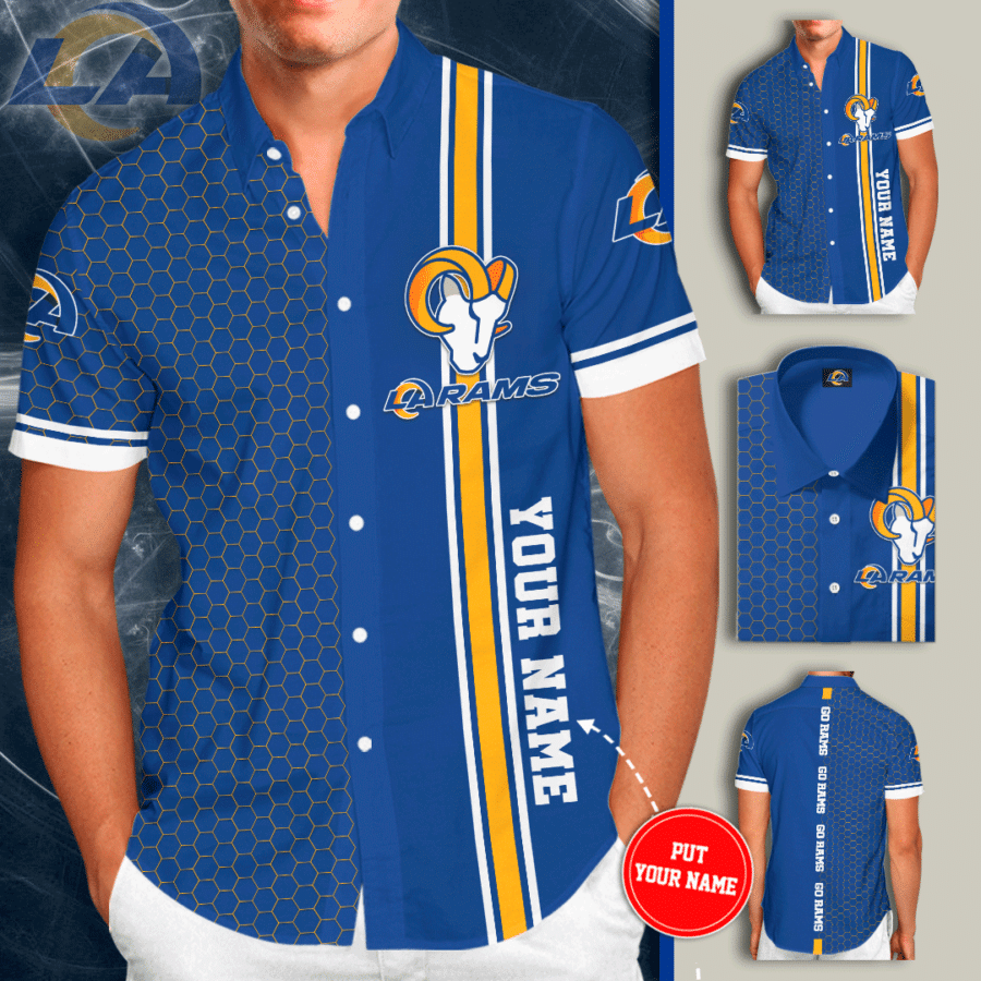 Personalized Los Angeles Rams Go Rams All Over Print 3D Tiling Short Sleeve Dress Shirt Hawaiian Summer Aloha Beach Shirt - Neon Blue - Iebacademy Shop