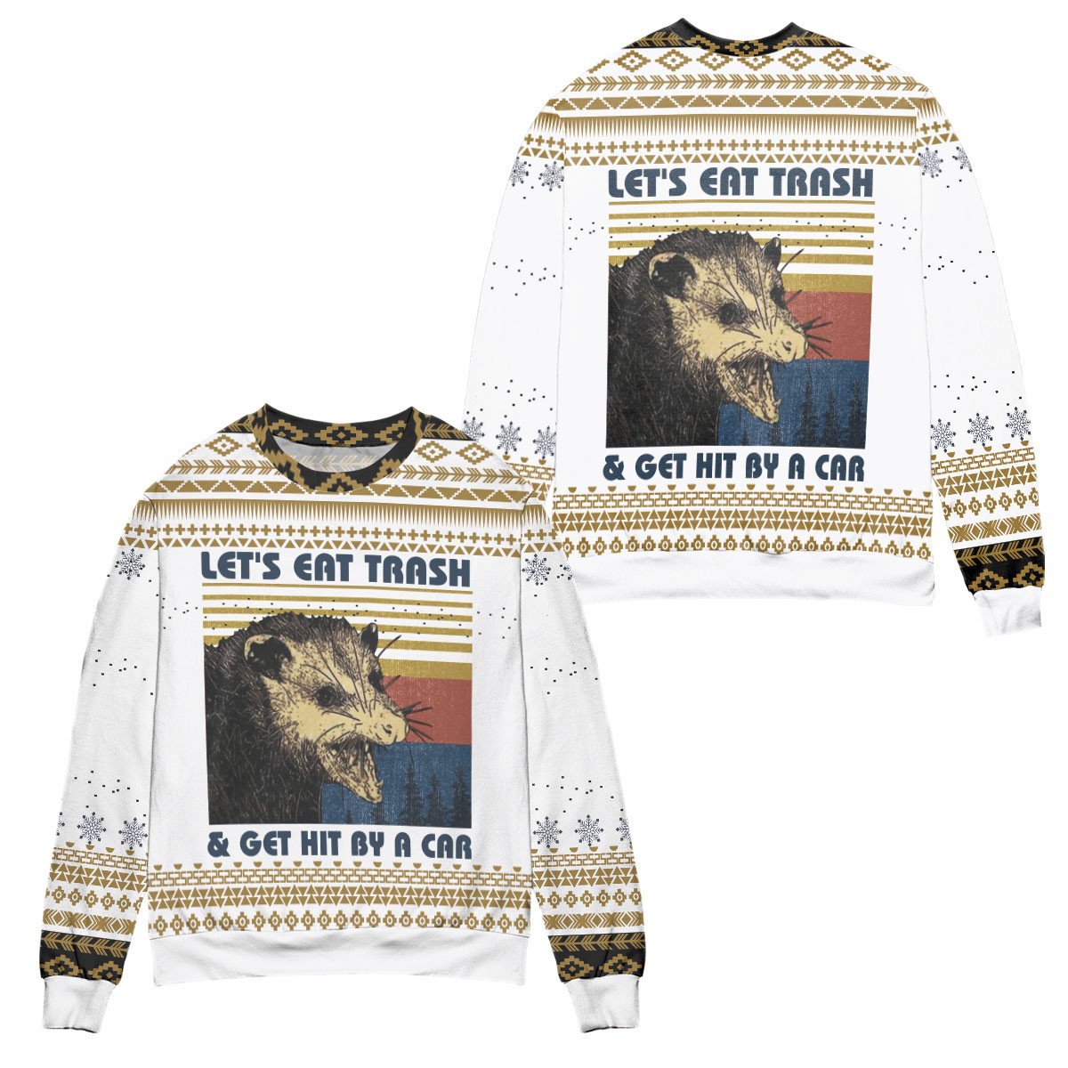 Let’S Eat Trash & Get Hit By A Car Opossum Ugly Christmas Sweater – All Over Print 3D Sweater – White