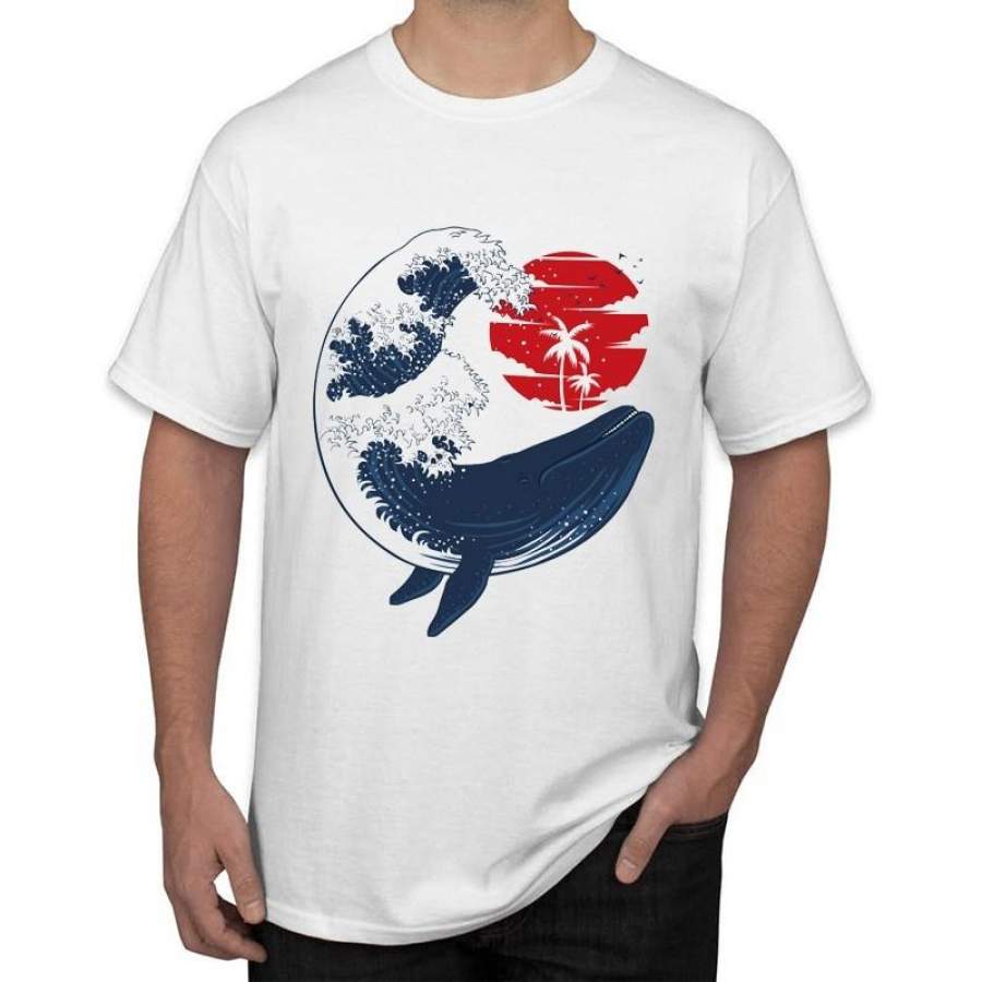 Fashion Vintage Design The Whale Wave Print Men T-Shirt Short Sleeve Funny T Shirt Casual Men Cool Tee